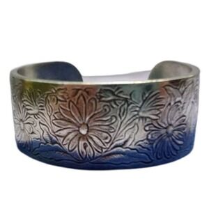 Pewter Cuff Bracelet Floral Etched Design Wide Band Boho‎ Jewelry
